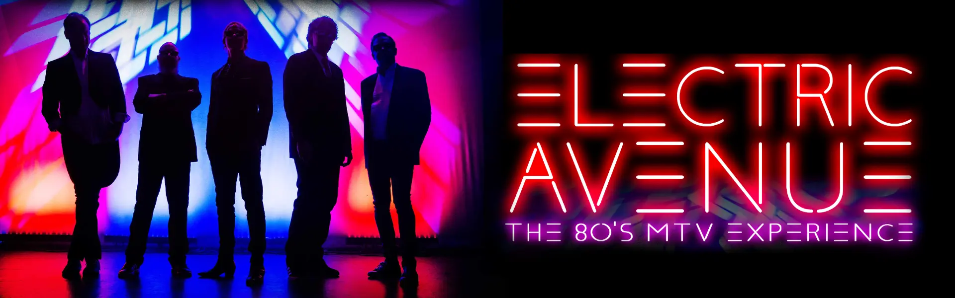 Silhouetted band members with neon lighting and “Electric Avenue: The 80's MTV Experience” text in bold, glowing font.