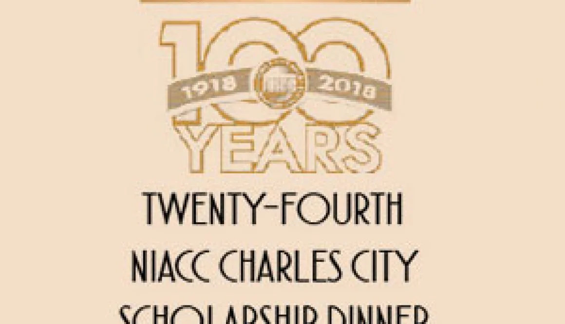 Graphic image of NIACC 1太阳城app year Anniversary logo with invitation to Charles City Scholarship Dinner